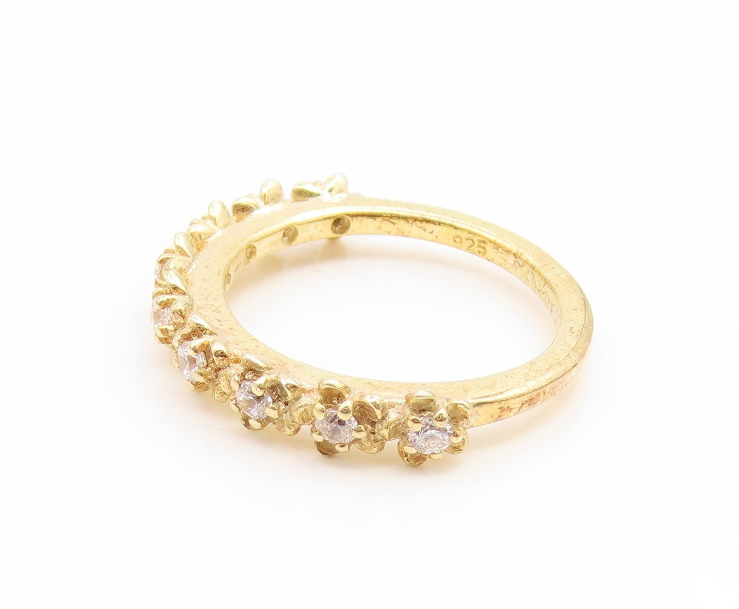 925 Sterling Silver Vintage Ring Gold Plated CZ Floral Link Band  Sz 7  RG35214