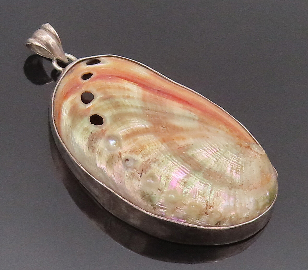 925 Sterling Silver Vintage Pendant Large Solid Orange Mother Of Pearls  PT22750