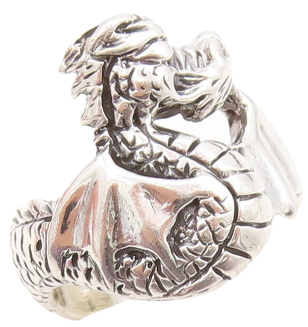 925 Sterling Silver Vintage Ring Dark Tone Solid Dragon Carved  Sz 6  RG31592