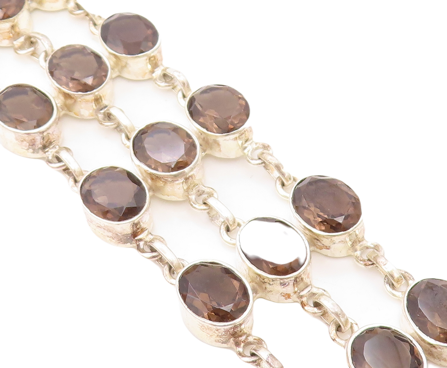 925 Sterling Silver  Faceted Smoky Topaz Shiny 3 Row Chain Bracelet  BT3296