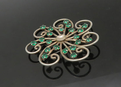 925 Sterling Silver  Vintage Green Stone Swirl Flower Motif Brooch Pin  BP8796