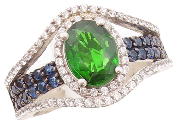 925 Sterling Silver Vintage Ring Cutout 2 Tone Topaz & Sapphire  Sz 7  RG30698