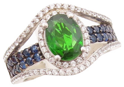 925 Sterling Silver Vintage Ring Cutout 2 Tone Topaz & Sapphire  Sz 7  RG30698