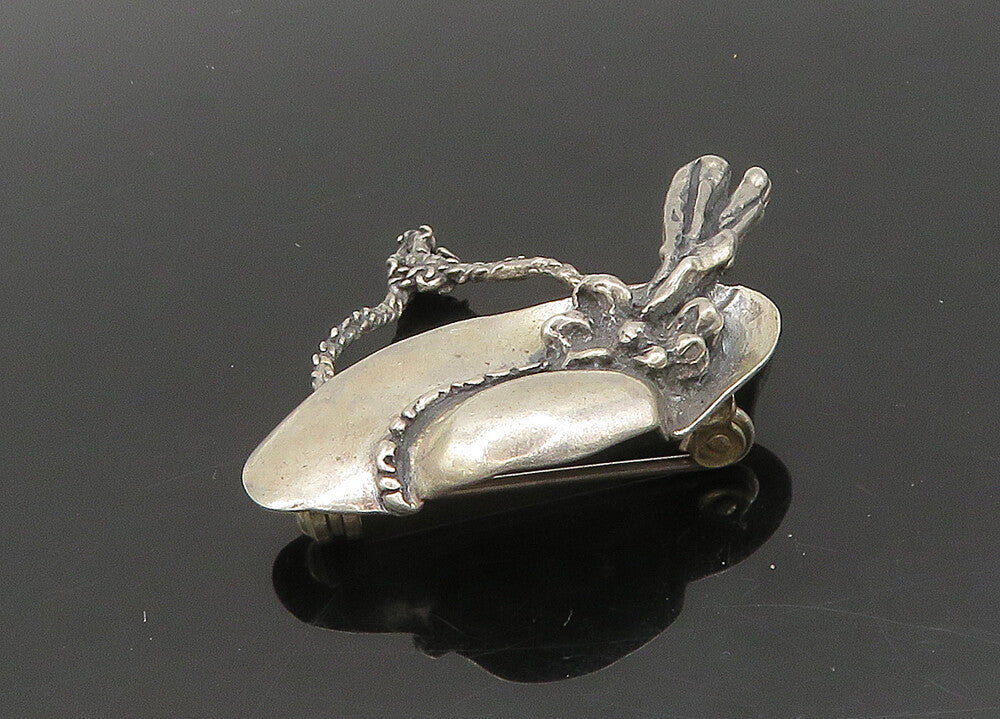 925 Sterling Silver  Vintage Dark Tone Hat With Flower Brooch Pin  BP8177