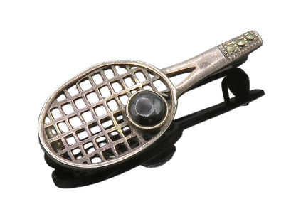 925 Sterling Silver  Vintage Black Onyx Tennis Racket Motif Brooch Pin  BP5740