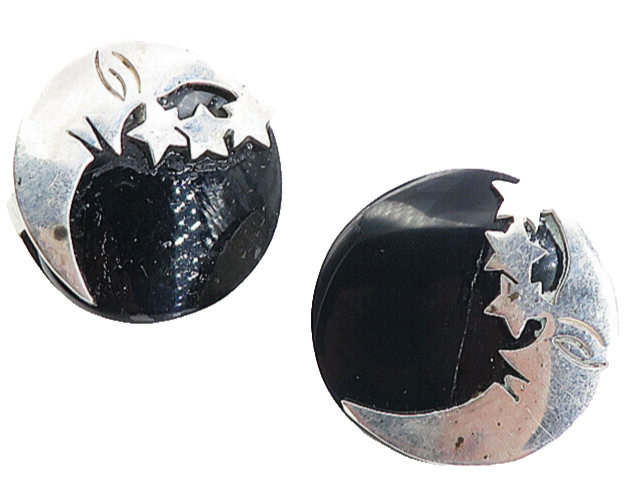 MEXICO 925 Silver  Vintage Black Onyx Moon & Stars Non Pierce Earrings  EG4337