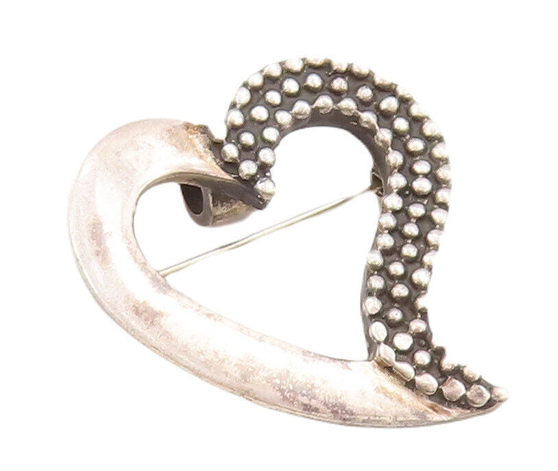 925 Sterling Silver Vintage Brooch Pin Minimalist Beaded Carved Heart  BP10934