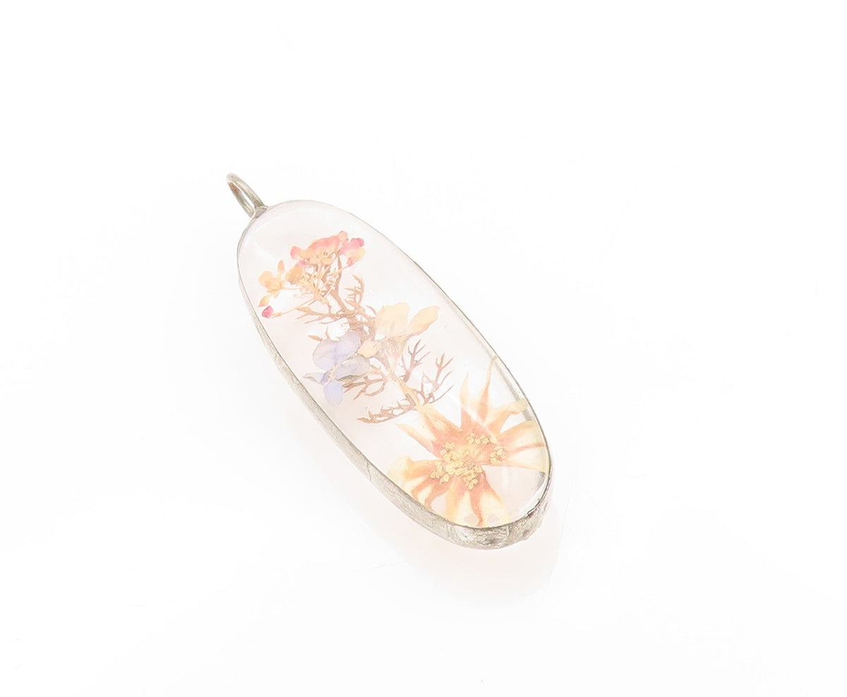 925 Sterling Silver Vintage Pendant Modernist Floating Pressed Flowers  PT24212