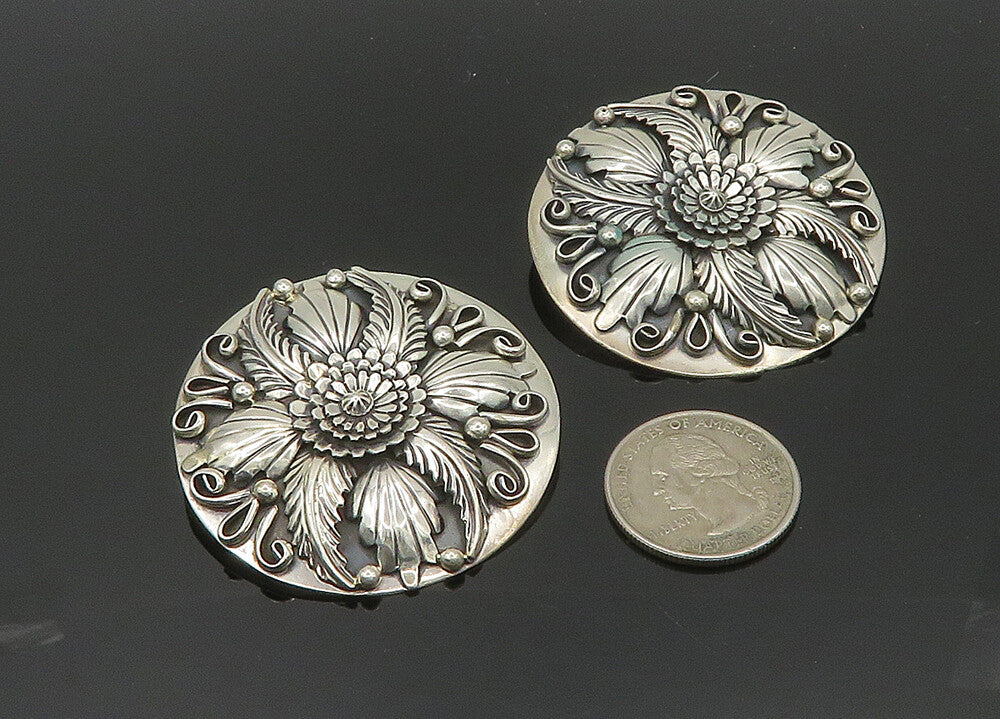 NAVAJO 925 Sterling Silver Vintage Flower Motif Non Pierce Earrings  EG10202