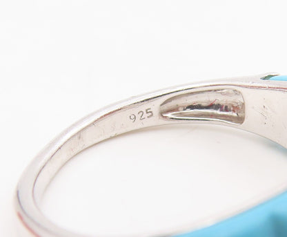 925 Sterling Silver Vintage Ring Ribbed Turquoise Statement Band  Sz 7  RG34190