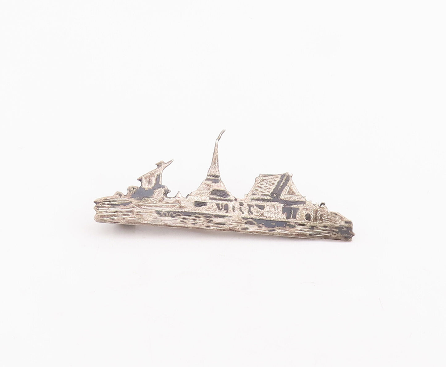 925 Sterling Silver Vintage Brooch Pin JAPANESE Antique Landscape Carved BP10968