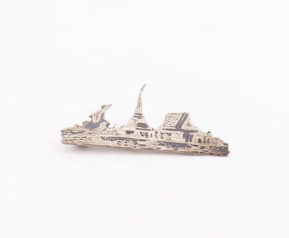 925 Sterling Silver Vintage Brooch Pin JAPANESE Antique Landscape Carved BP10968
