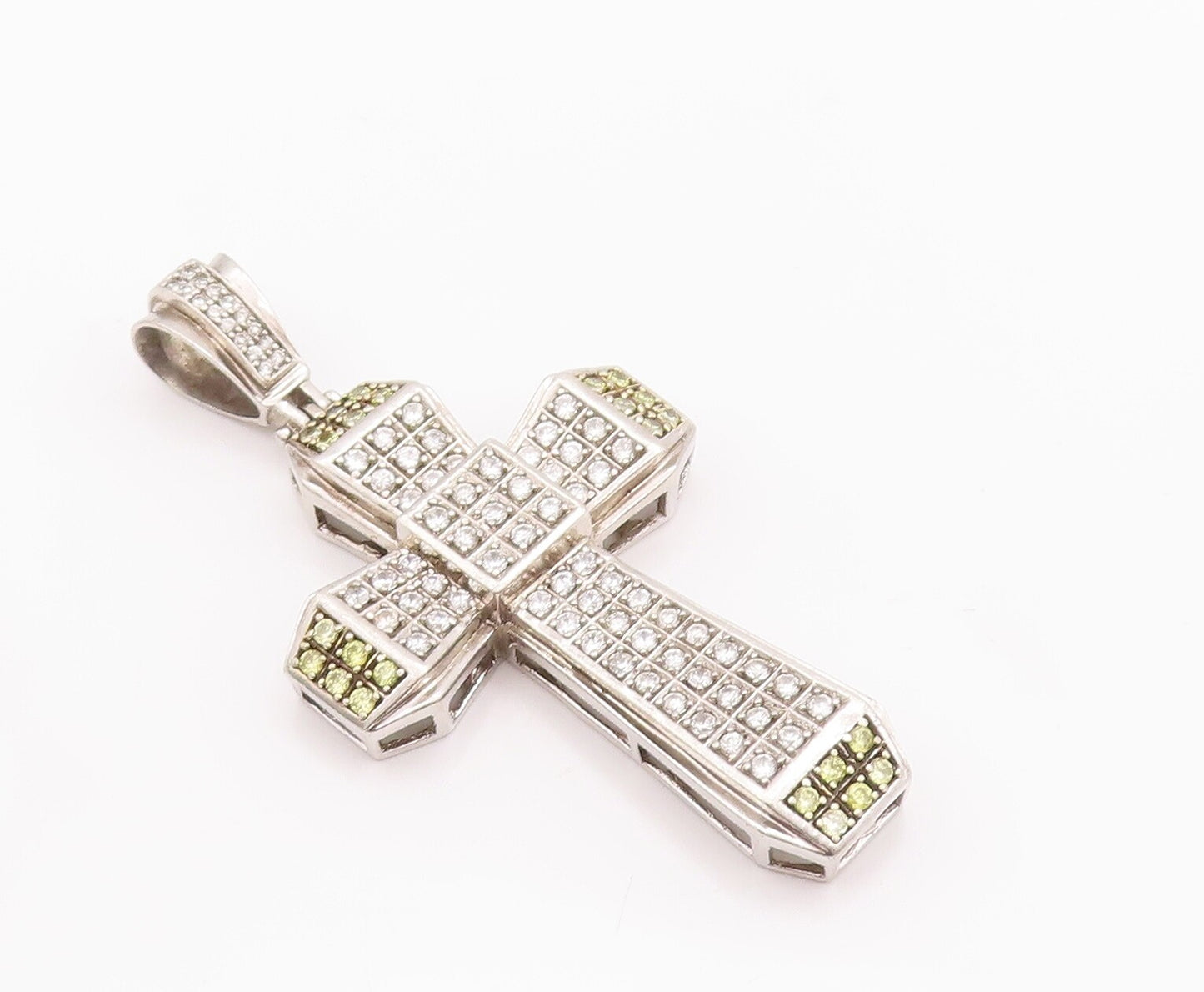 925 Sterling Silver Vintage Pendant Religious 2 Tone Topaz Beaded Cross  PT22944