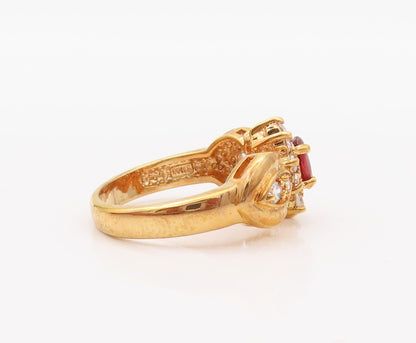 925 Sterling Silver Vintage Ring Gold Plated Garnet & CZ Flower  Sz 7  RG30314