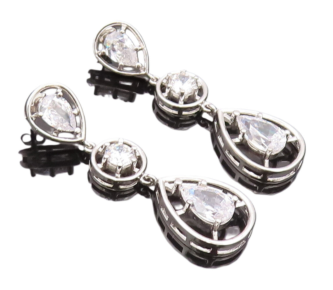 925 Sterling Silver Vintage Earrings Cutout Border Round & Pear Drop CZ  EG12807