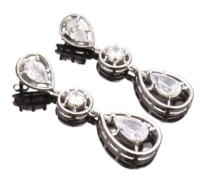 925 Sterling Silver Vintage Earrings Cutout Border Round & Pear Drop CZ  EG12807