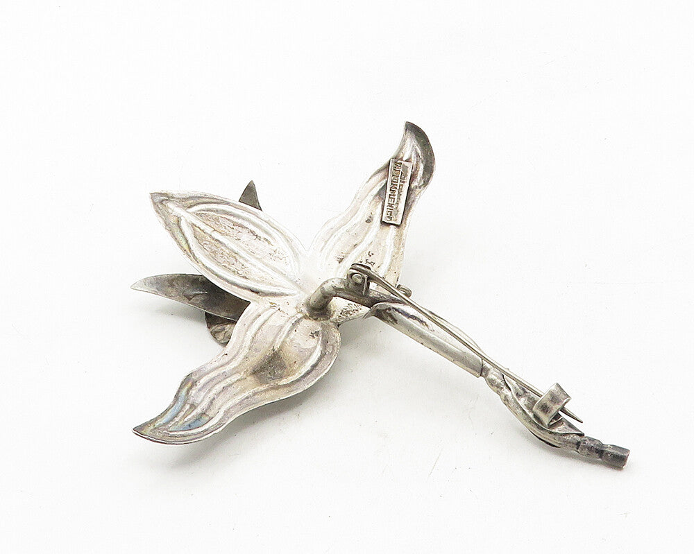 925 Sterling Silver  Vintage Dark Tone Single Flower Motif Brooch Pin  BP3917
