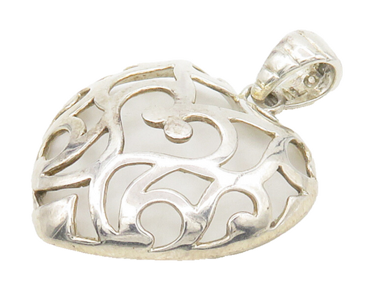 925 Sterling Silver  Vintage Shiny Open Swirl Love Heart Dome Pendant  PT12851