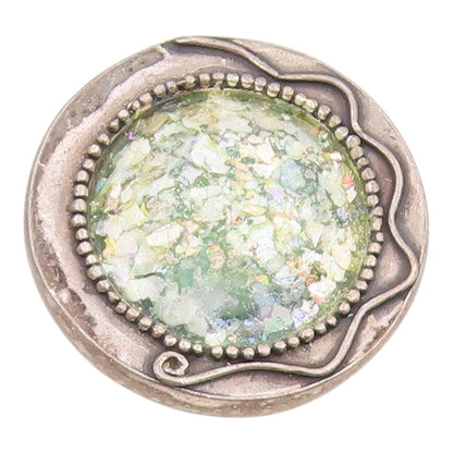 925 Sterling Silver Vintage Brooch Pin Roman Glass Geometric Circle  BP12585
