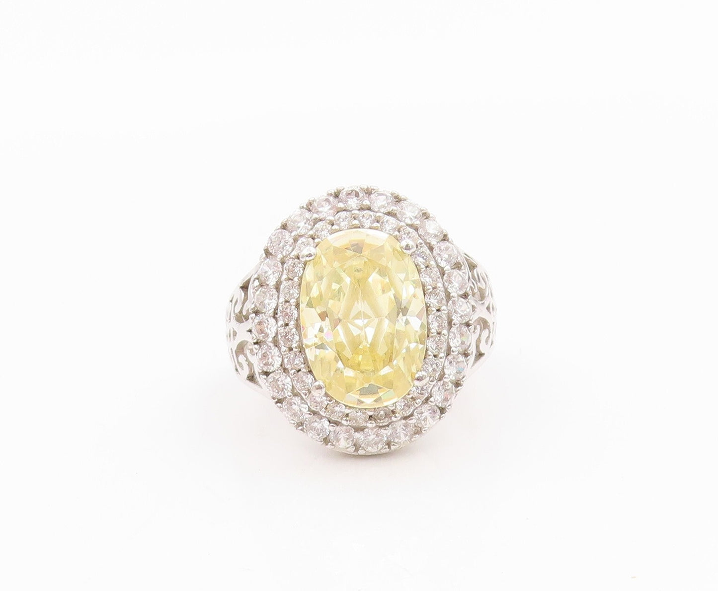 925 Sterling Silver Vintage Ring Oval Cut Citrine Halo CZ Bands  Sz 7.5  RG31771
