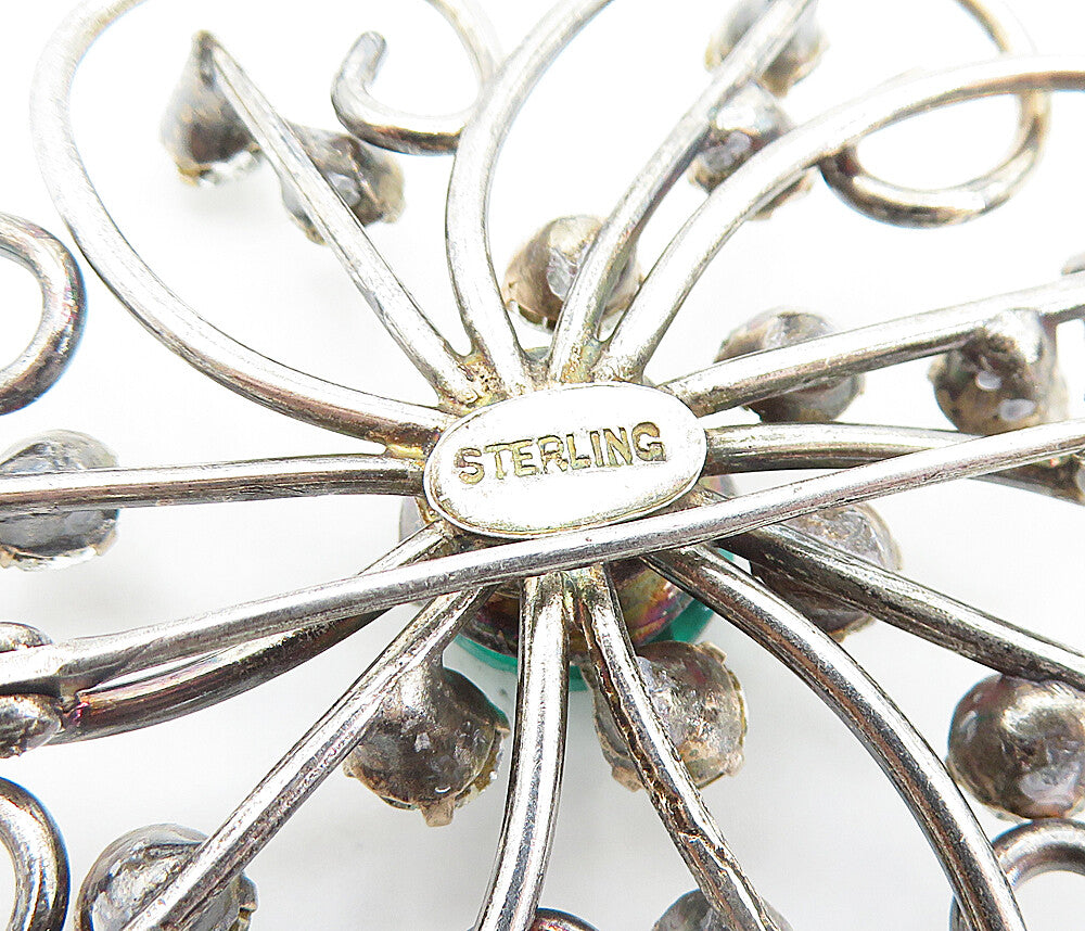 925 Sterling Silver  Vintage Green & White Topaz Floral Brooch Pin  BP2604