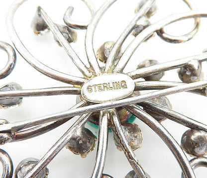 925 Sterling Silver  Vintage Green & White Topaz Floral Brooch Pin  BP2604