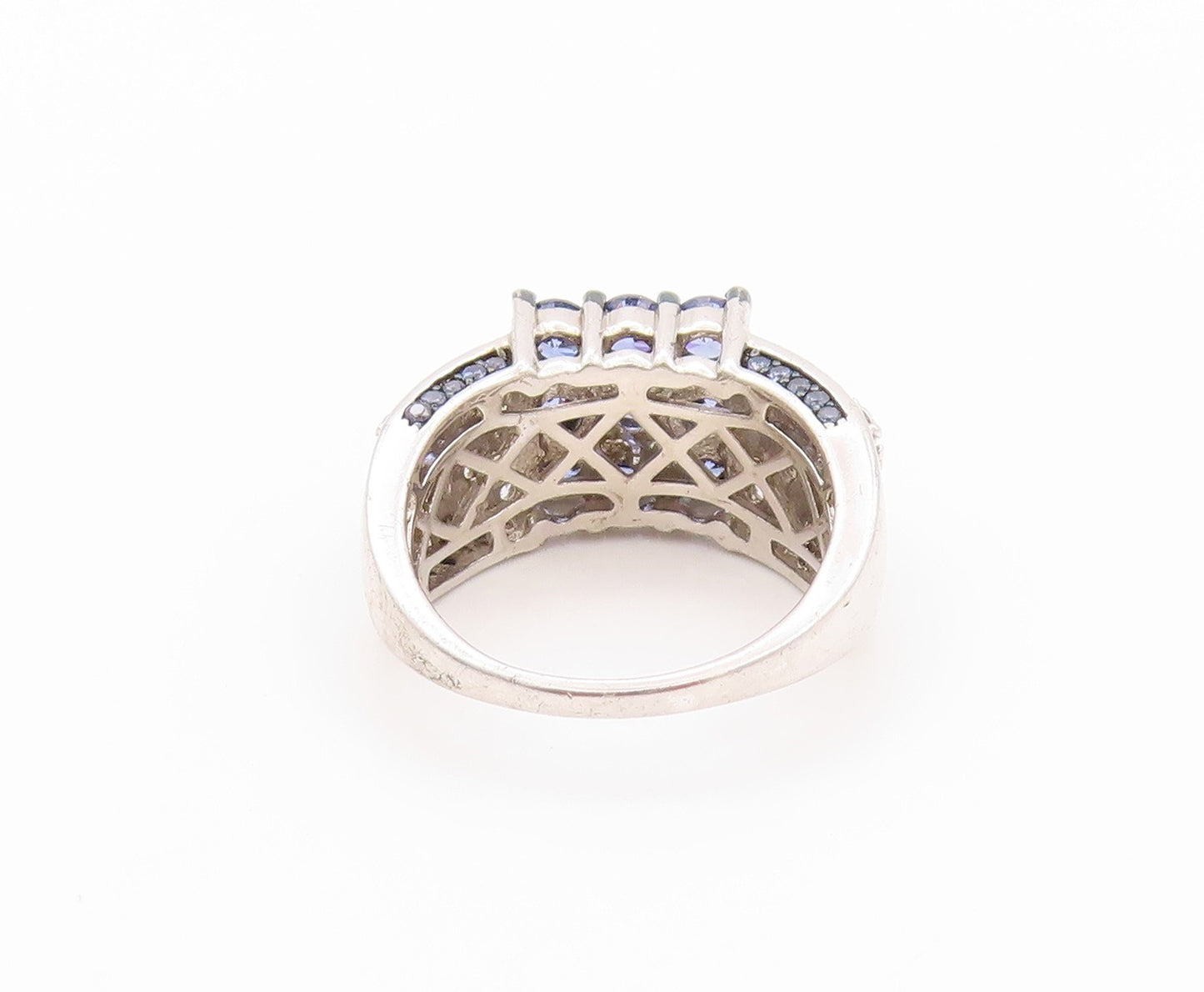 925 Sterling Silver Vintage Ring Modernist Blue & White CZ Inlay  Sz 8  RG32640