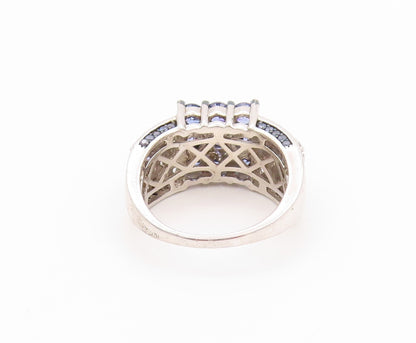 925 Sterling Silver Vintage Ring Modernist Blue & White CZ Inlay  Sz 8  RG32640