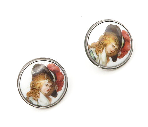 925 Sterling Silver  Vintage Enamel Portrait Round Non Pierce Earrings  EG9430