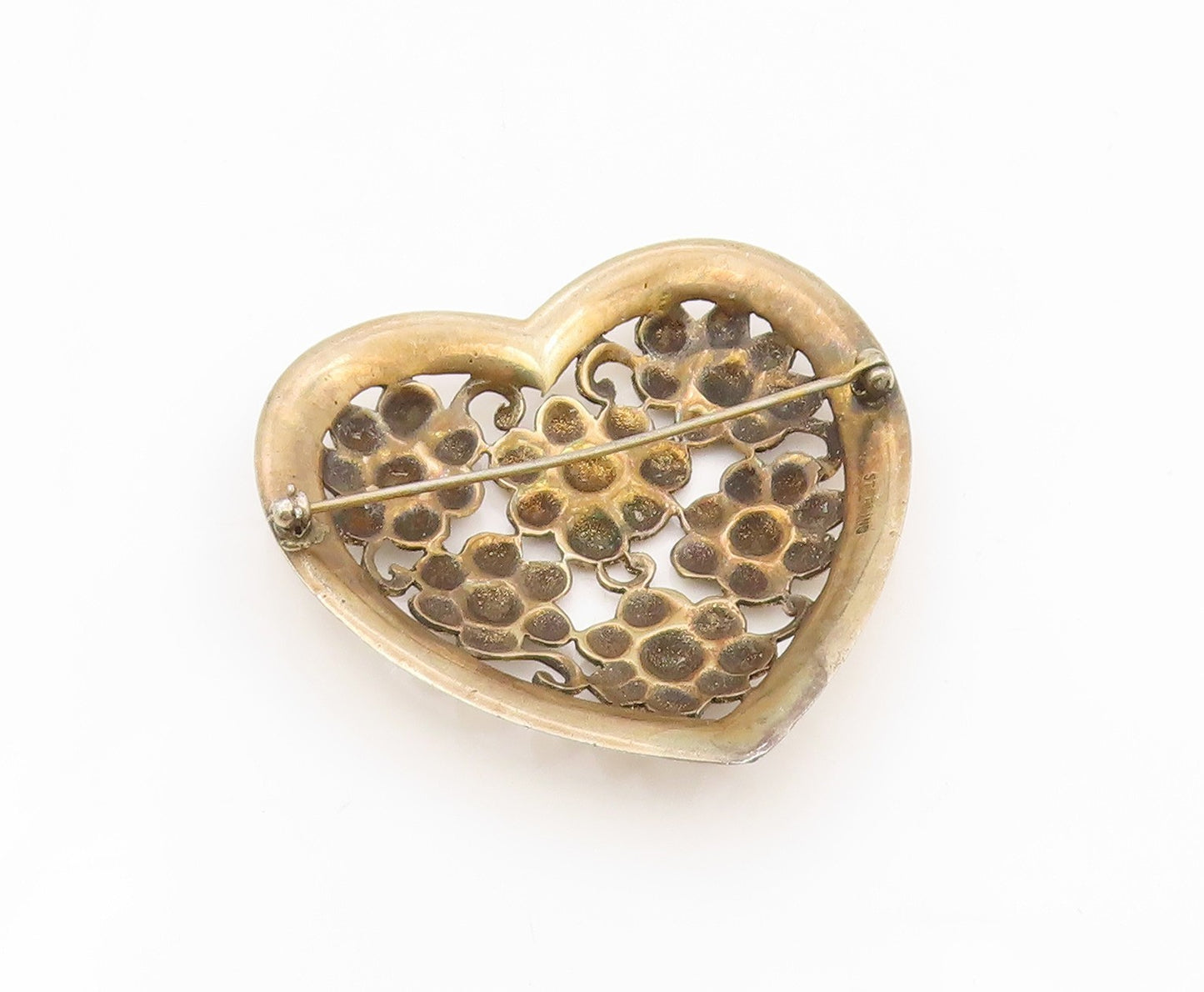 925 Sterling Silver Vintage Brooch Openwork Daisy Floral Love Heart Pin  BP12148