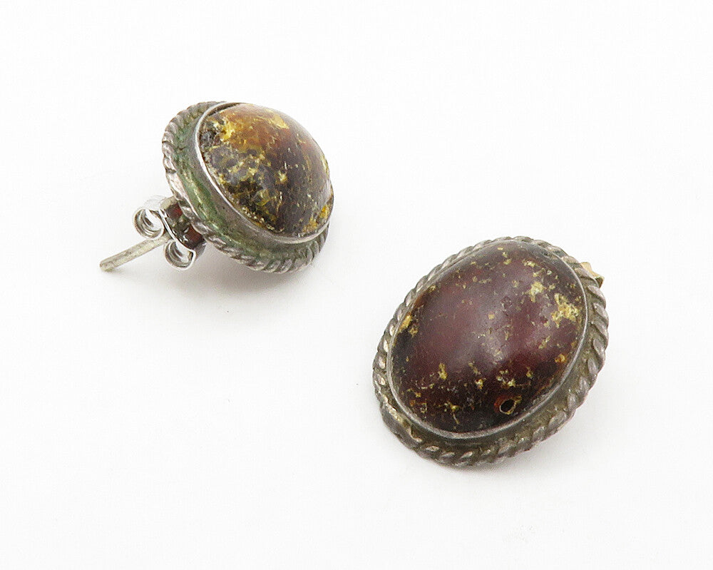 925 Sterling Silver  Vintage Cabochon Cut Jasper Twist Drop Earrings  EG6993
