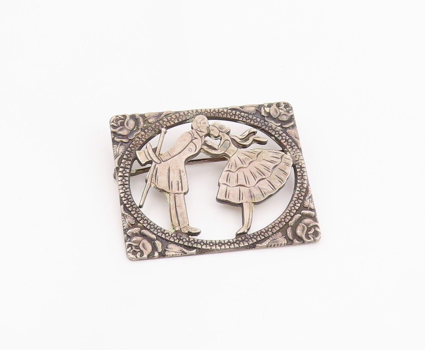 925 Sterling Silver Vintage Brooch Pin Floral Framed Kissing Couple  BP12458