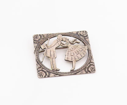 925 Sterling Silver Vintage Brooch Pin Floral Framed Kissing Couple  BP12458