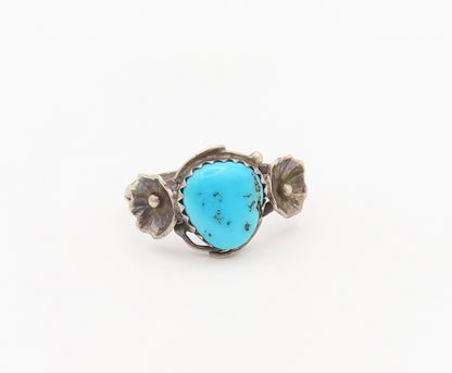 NAVAJO 925 Silver  Vintage Two Side Carved Flower Turquoise Ring Sz 7  RG27349