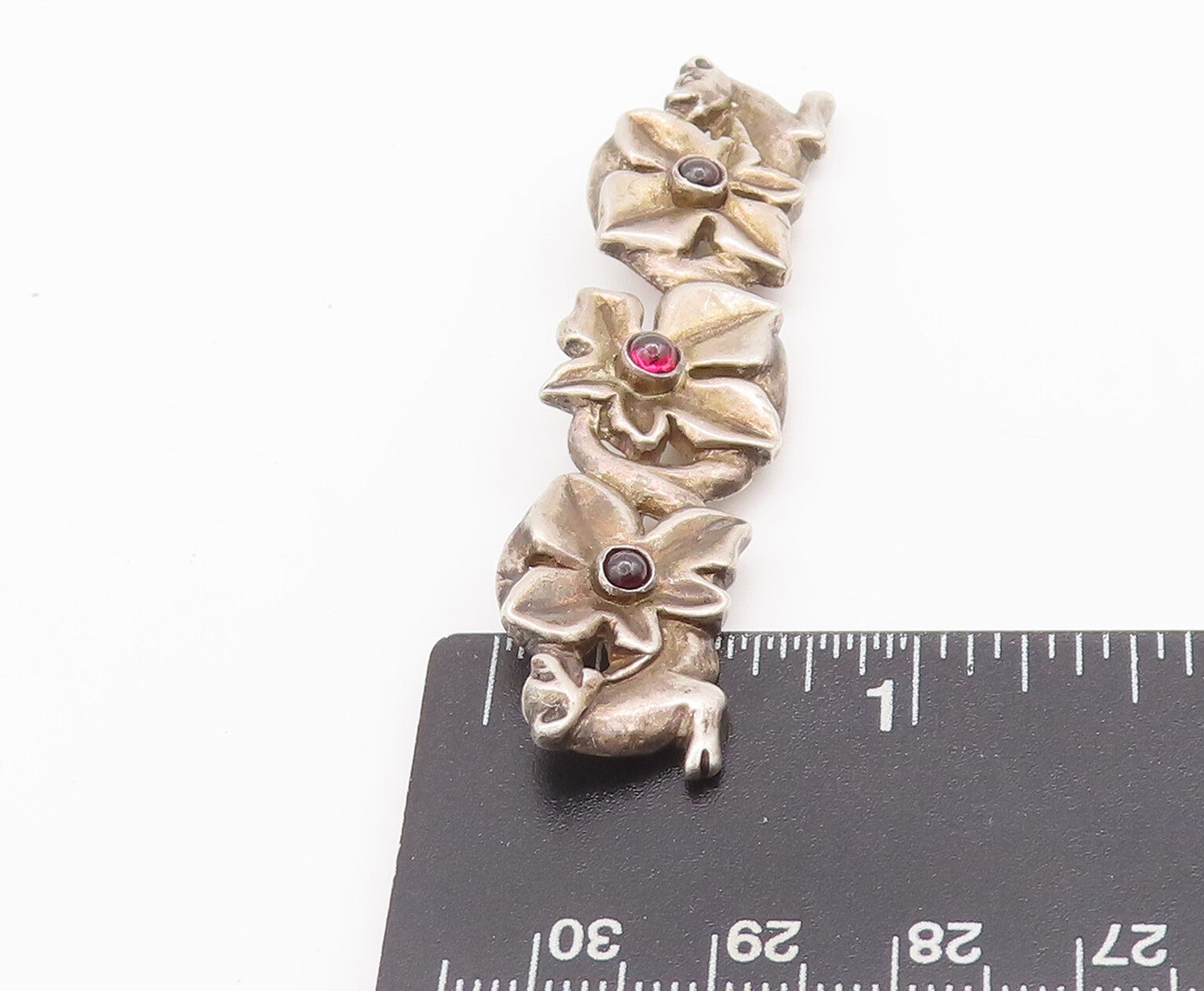 925 Sterling Silver Vintage Brooch Pin Rough Carved Ruby Flowers Row  BP10649