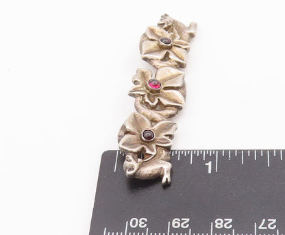 925 Sterling Silver Vintage Brooch Pin Rough Carved Ruby Flowers Row  BP10649