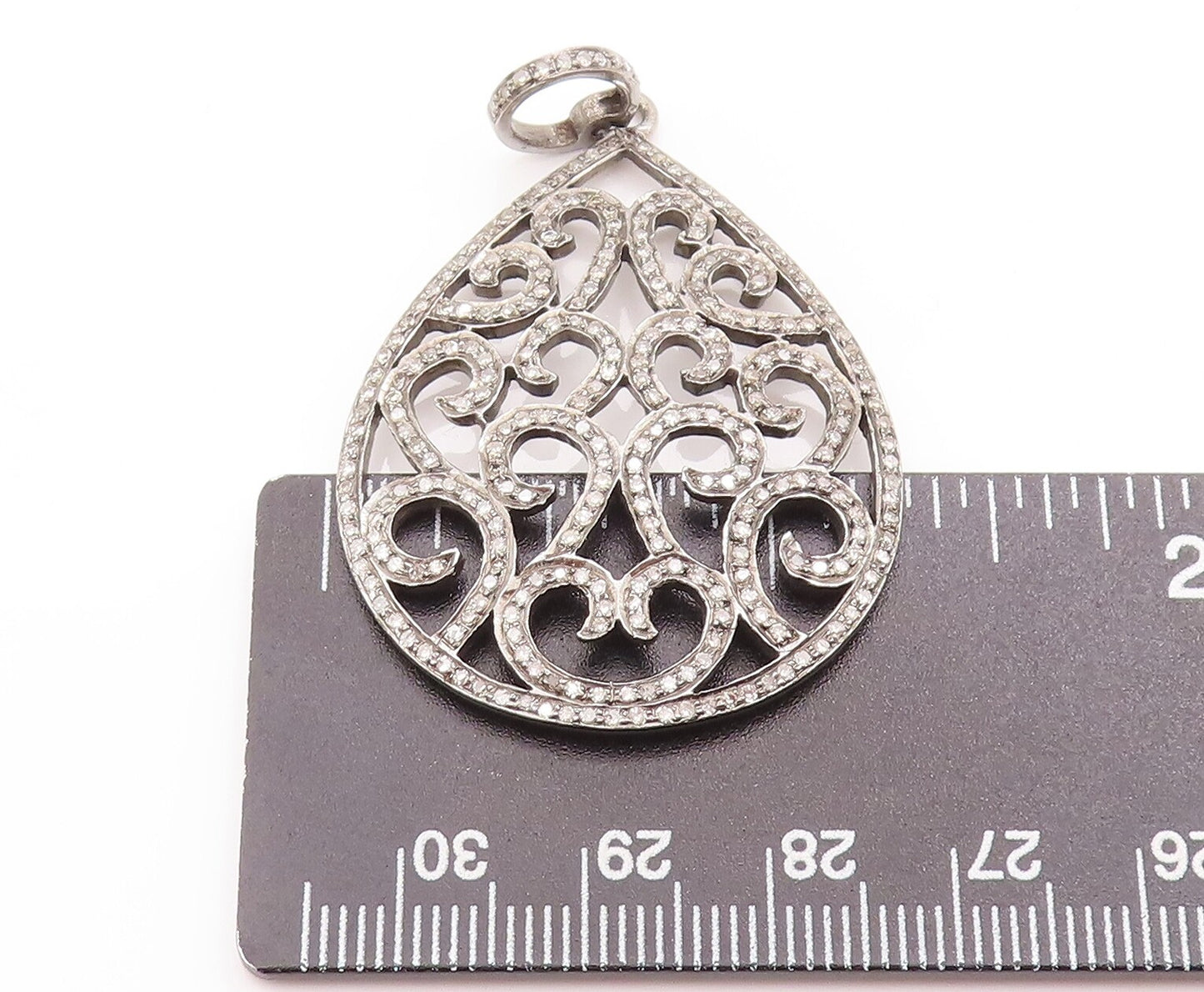 925 Sterling Silver Vintage Pendant 1/2 Ct Diamonds Swirly Carved Drop PT22941