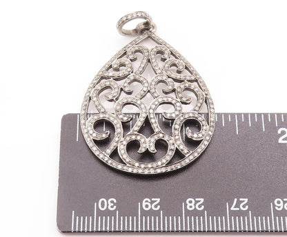 925 Sterling Silver Vintage Pendant 1/2 Ct Diamonds Swirly Carved Drop PT22941