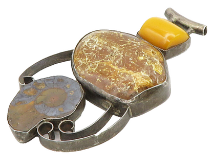 925 Sterling Silver  Vintage Egg Yolk Amber & Jasper Slide Pendant  PT12550