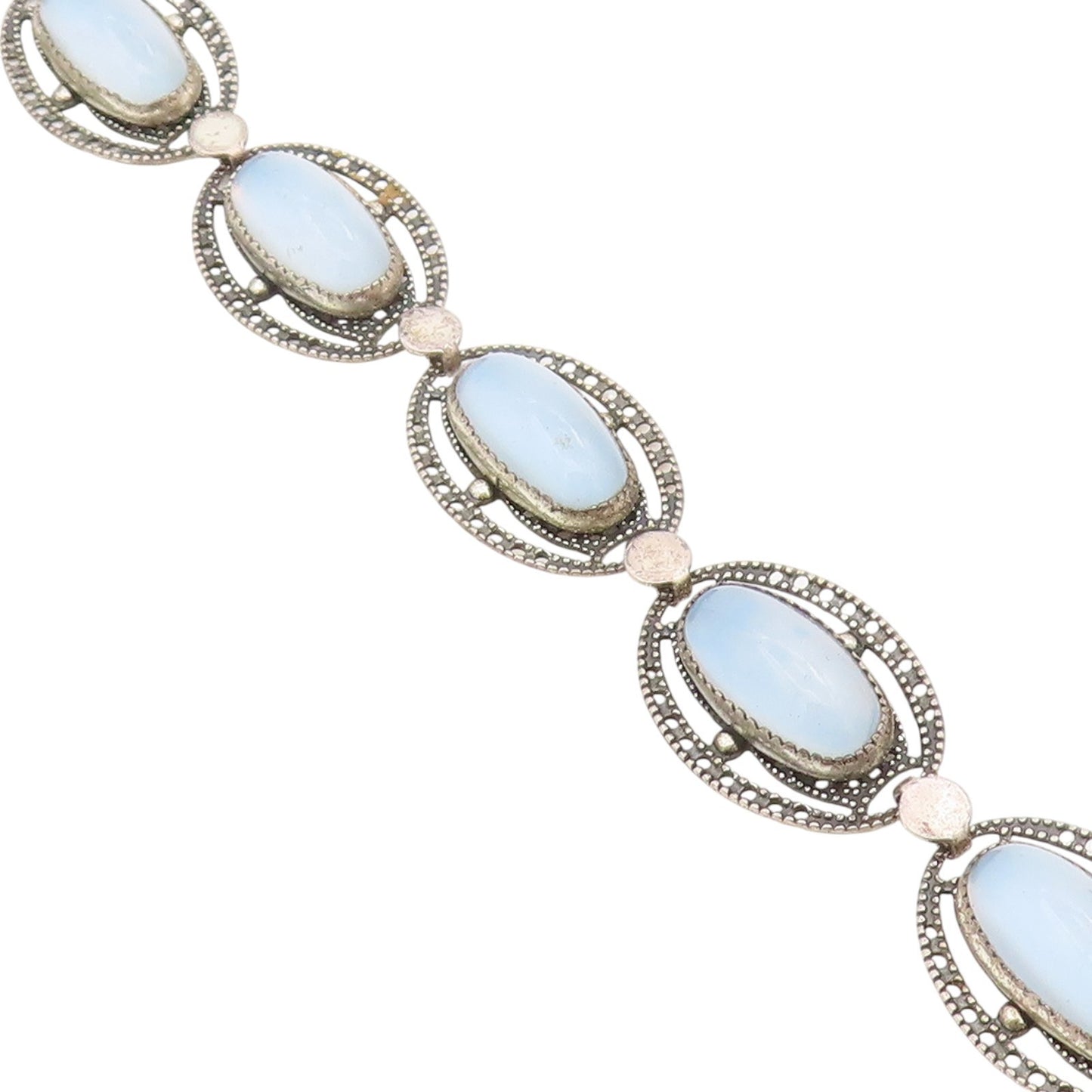 925 Sterling Silver Vintage Bracelet BEAU Antique Cabochon Cat Eye Link  BT11515