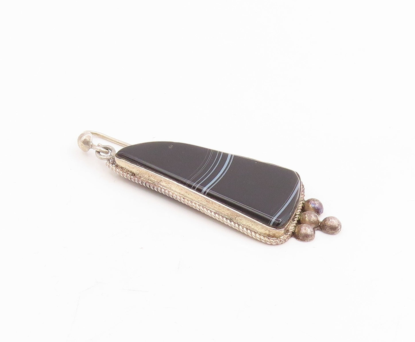 925 Sterling Silver Vintage Earrings Black Agate Beaded Geometric Dangle EG14000