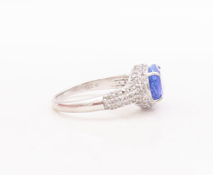925 Sterling Silver Vintage Ring Oval Cut Tanzanite Halo Sapphire Sz 7 RG29364