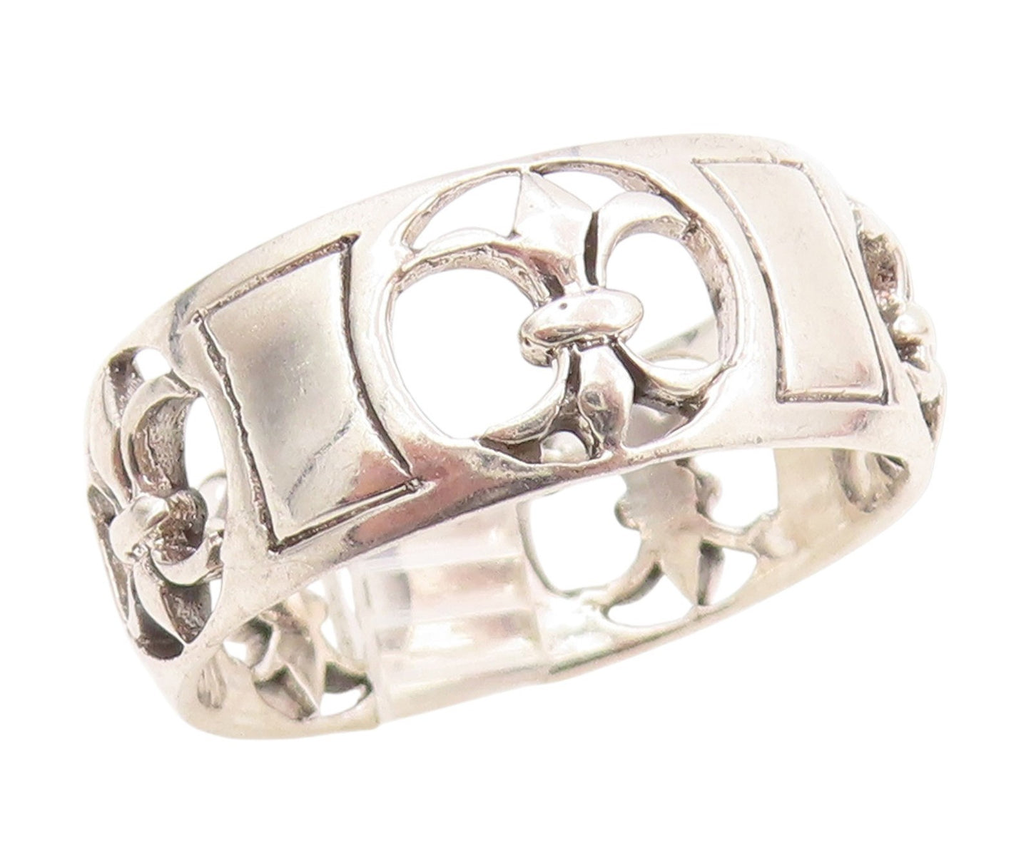 925 Sterling Silver Vintage Ring Fleur De Lis Cutout Wide Band  Sz 14.5  RG34713