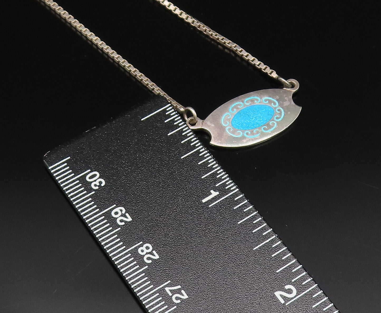 925 Silver  Vintage Minimalist Blue Enamel Swirl Accent Chain Necklace  NE3935