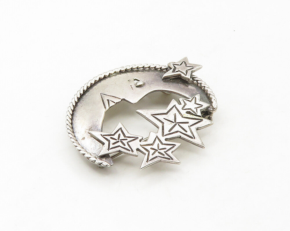 MEXICO 925 Sterling Silver  Vintage Crescent Moon & Stars Brooch Pin  BP6738