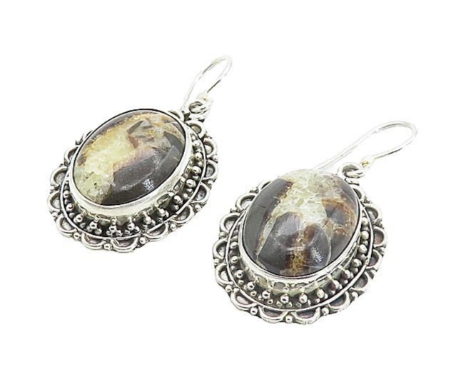 925 Sterling Silver  Vintage Cabochon Cut Jasper Floral Drop Earrings  EG3129