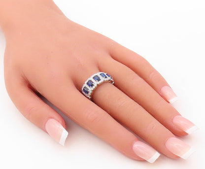925 Sterling Silver Vintage Ring Rectangle Sapphire Halo CZ Inlay Sz 7.5 RG30817