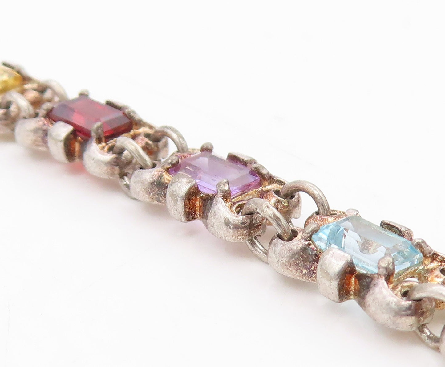 925 Sterling Silver Vintage Bracelet Elegant Multi Gemstone Link Chain  BT11691