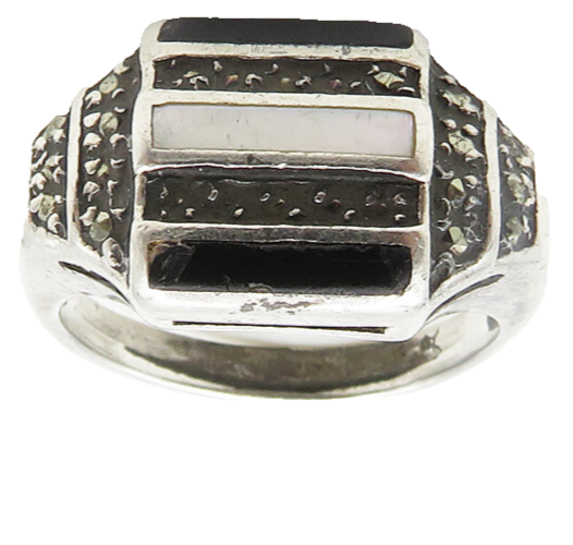 925 Silver  Vintage Mother Of Pearl & Black Onyx Dome Band Ring Sz 5  RG19280