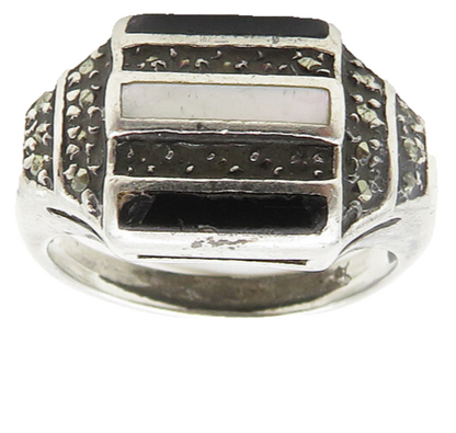 925 Silver  Vintage Mother Of Pearl & Black Onyx Dome Band Ring Sz 5  RG19280